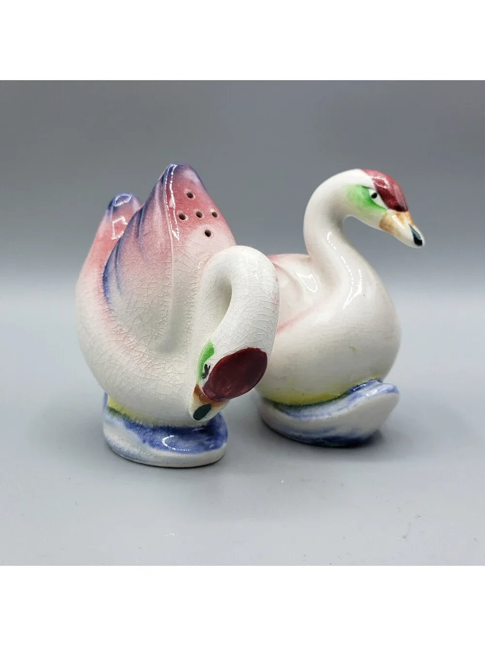 Vintage Japan Swan Salt and Pepper Shakers Ceramic Pink Blue White Birds